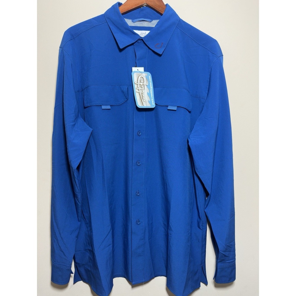 Reel Life Fishing Men Blue Long Sleeve Roll Tab Button Up Shirt Sz L Performance